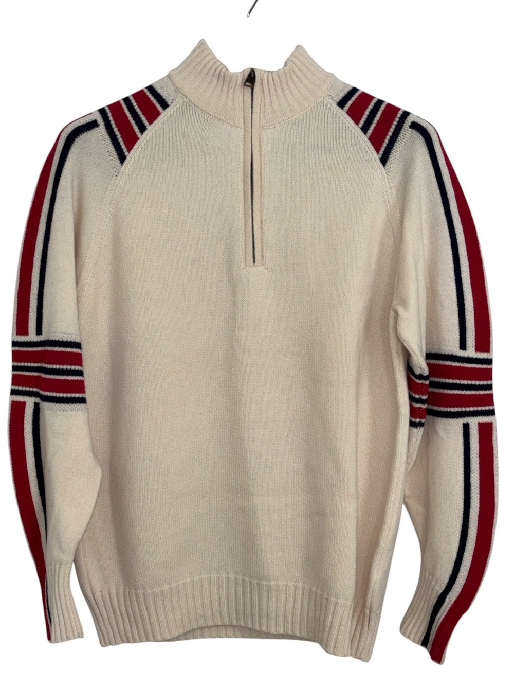 Alps & Meters Half-Zip Cream Sweater with Red & Navy Stripe Accents. Size Large.